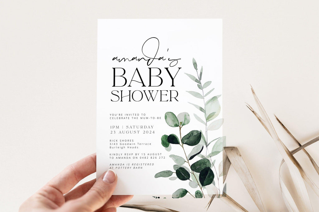 Greenery Baby Shower Invite Template - Beachmere - The Sundae Creative