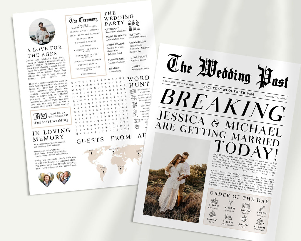 Editable Newspaper Wedding Program, Fun Printable Wedding Programs, DIY Wedding Program Template, Fun Wedding Programs, Newspaper