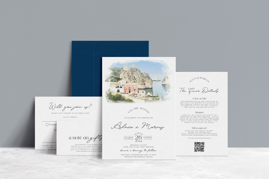 DAZZLE Custom Wedding Invitation with Watercolor Venue Painting, Editable Invitation Suite, Custom Watercolor Wedding Venue