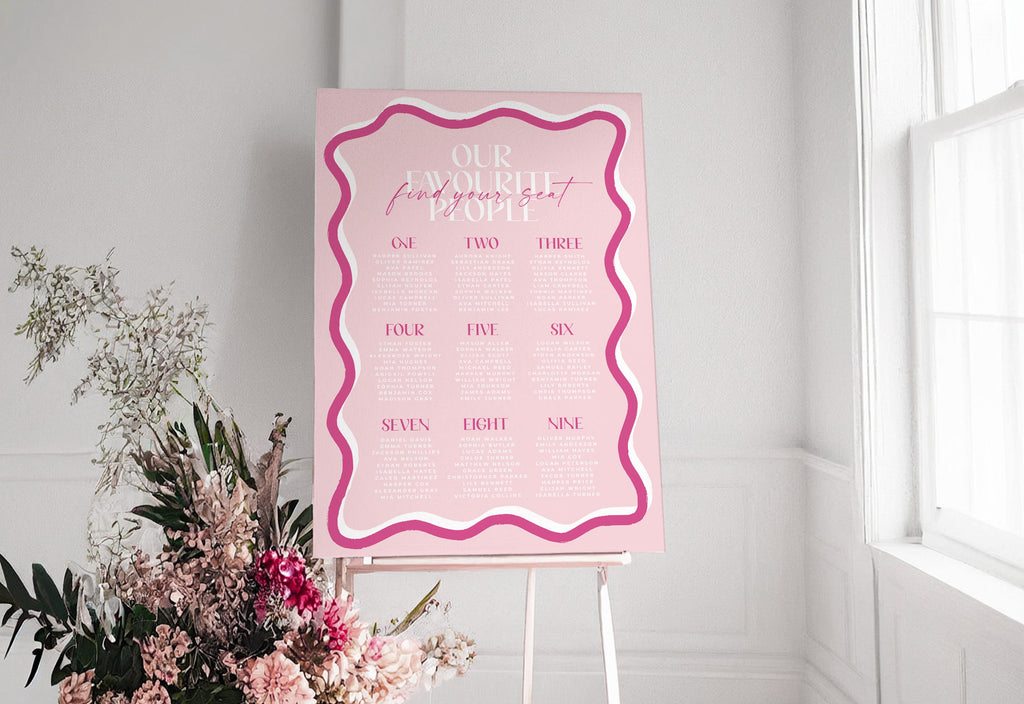 SONNY Pink Wavy Wedding Seating Chart Template, Dusky Pink Floral, Printable Seating Plan Sign, Editable, Templett INSTANT Download