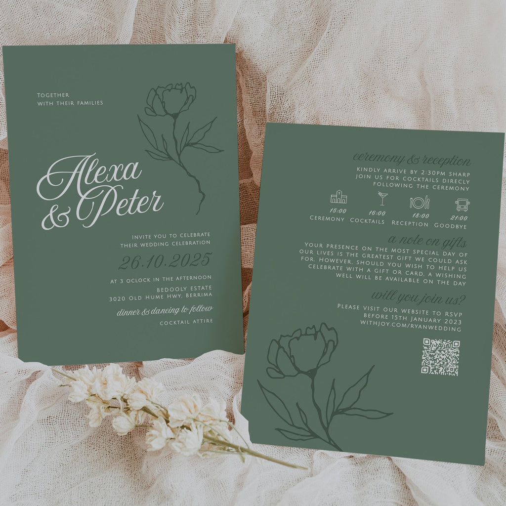 AIMEE Greenery Wedding Invitation Template with qr code, botanical Wedding Invitation, Wedding Invites, Botanical Invitation Suite