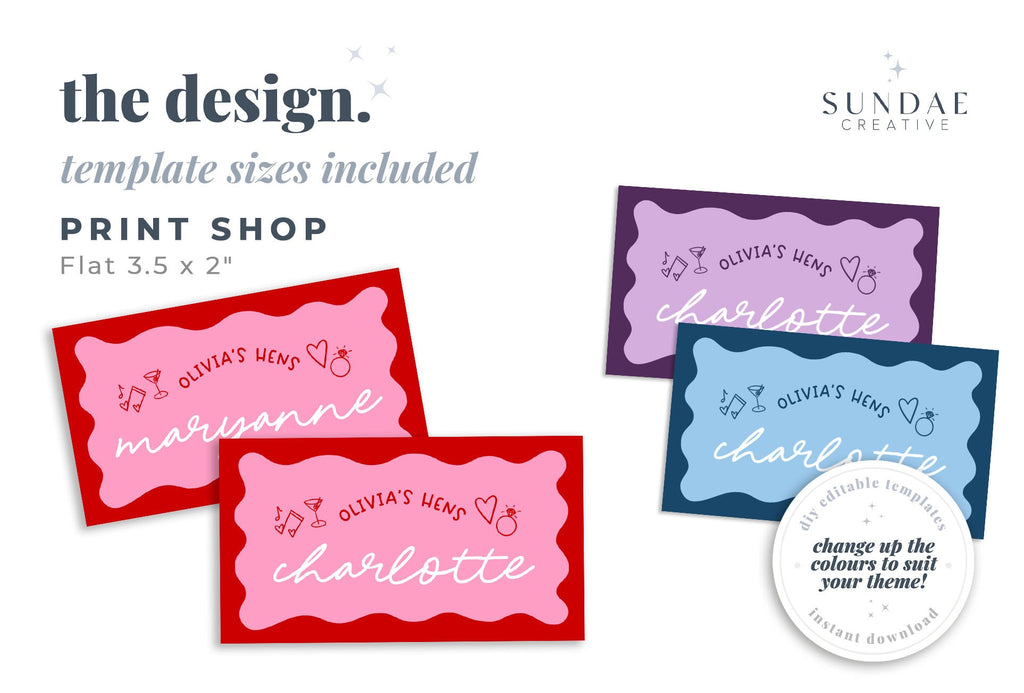 JEMMA Pink Wave Placecard Template, Editable Wriggly Name Card Template, Hand Drawn Colourful Bridal Shower, Templett Instant Download