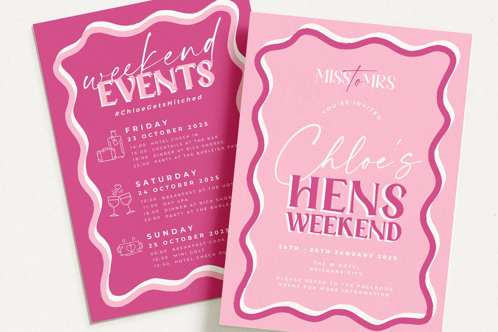 SONNY Pink Wavey Hens Weekend Invite, Pink Hen Weekend Events, Bridal Shower Invitation template, Instant Download Editable Templett