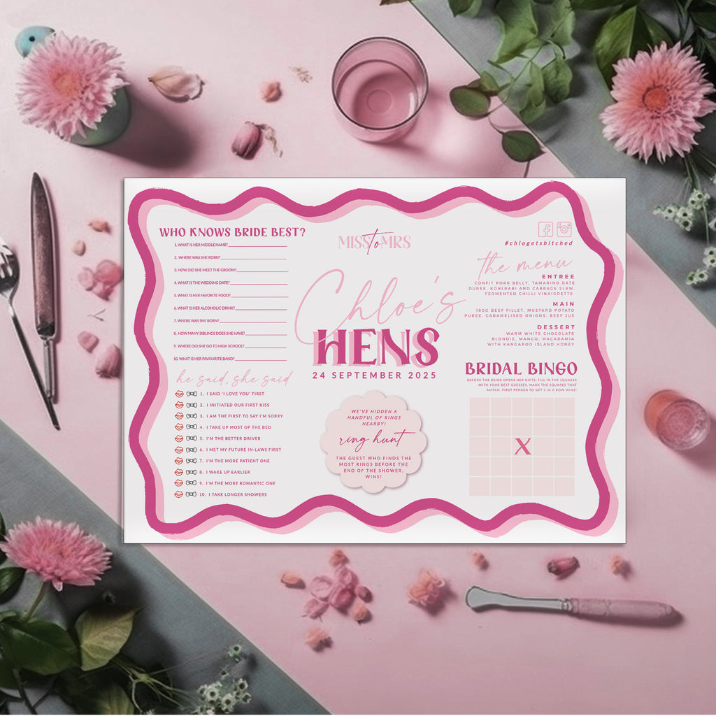 SONNY Pink Modern Bridal Shower Games Menu Placemat Template, Hen Menu Games, Bridal Shower template, Instant Download Editable Templett