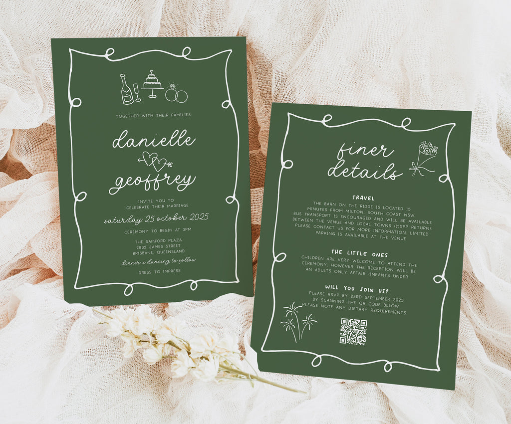 POET Wavy Forest Wedding Invitation Template, Green Hand drawn Wave Wedding Invite, Engagement Invite, Editable Templett Instant Download