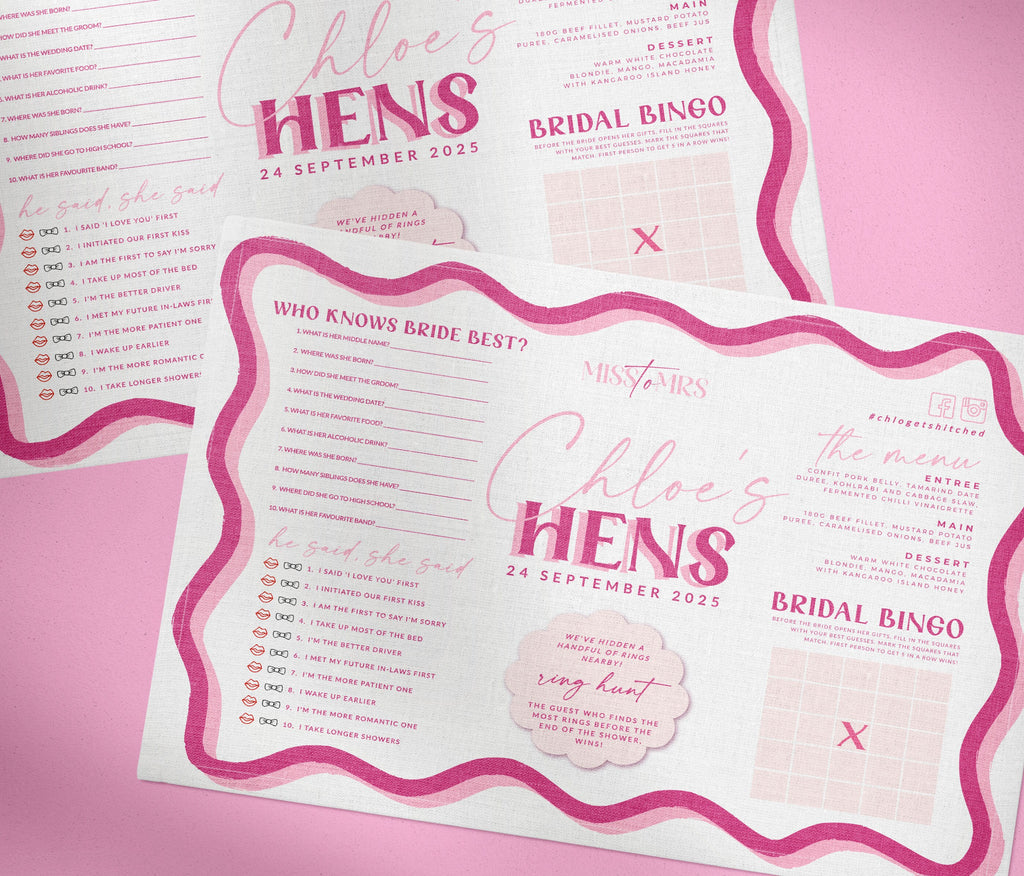 SONNY Pink Modern Bridal Shower Games Menu Placemat Template, Hen Menu Games, Bridal Shower template, Instant Download Editable Templett