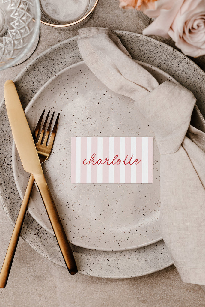 MINNIE Bridal Shower Placecard Template Download, Stripes Modern Guest Name Menu Shower Invite, Editable Template Instant Download Templett