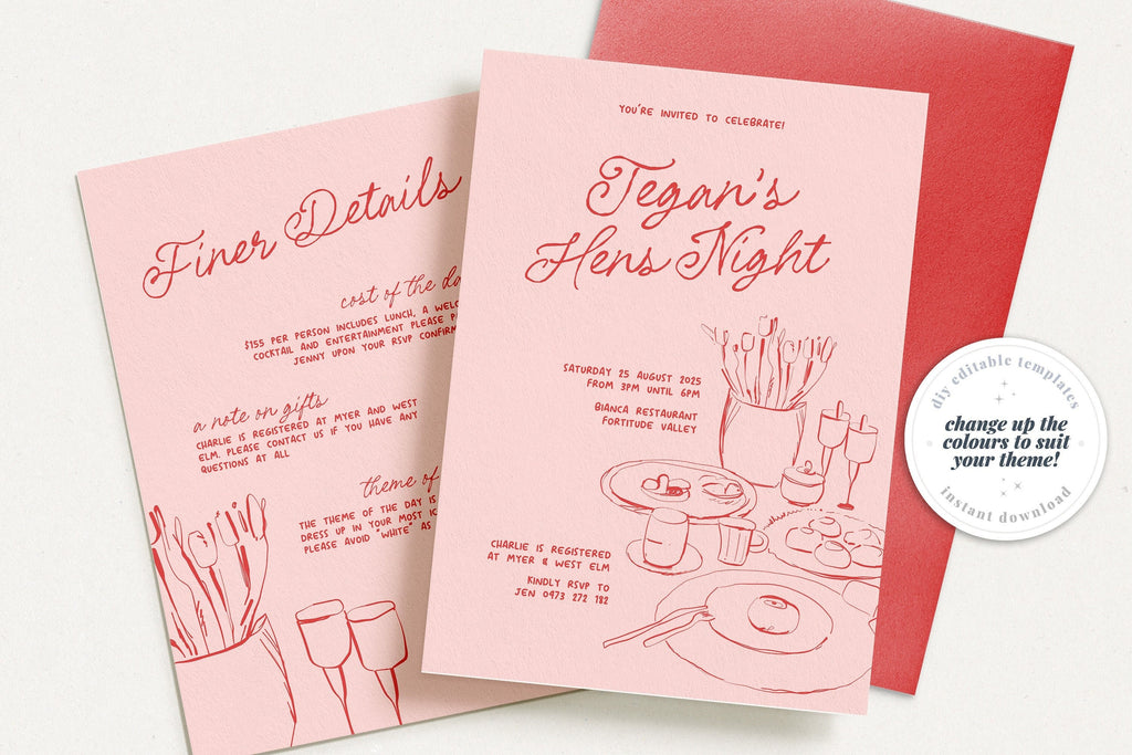 MACIE PinK Red Hens Party Invitation Template, Hens Weekend Invite, Drawing Illustration, Editable Templett Download