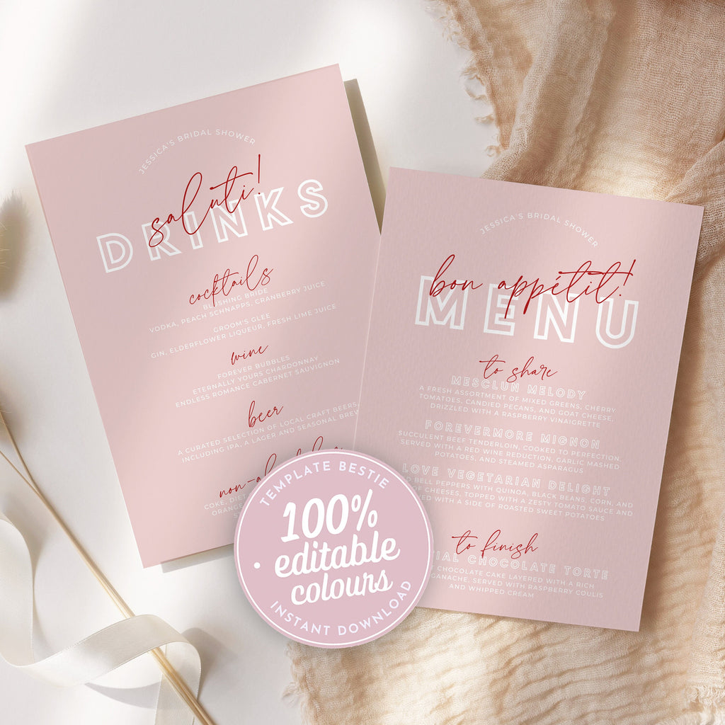 BRODY Pink Wedding Menu Template Download | Pink Bridal Shower Editable Menu | Engagement Printable Menu | Wedding Menu Template