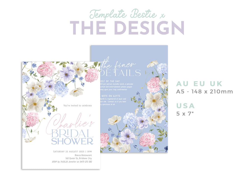 BIANCA Floral Bridal Shower Invitation Template, Colourful Bridal Shower, Printable Invitation template, Instant Download Editable Templett