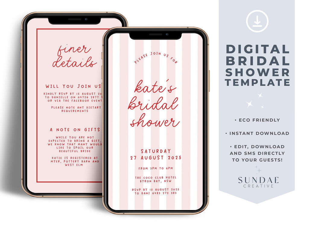 MINNIE Digital e-invite Bridal Shower Invitation Download, Stripes Modern bridal Shower Invite, Editable Template Instant Download Templett