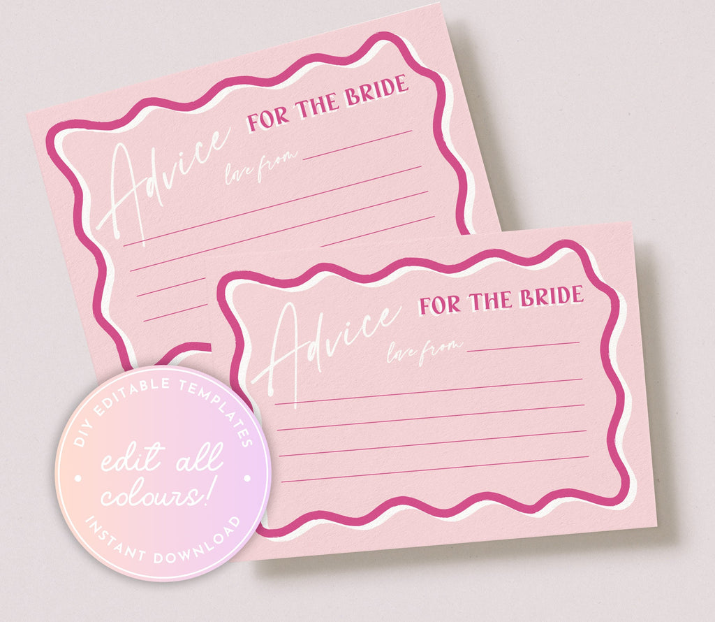 SONNY Pink Hens Party Advice Card template, Pink Wavy Bridal Shower Games Editable, Hot Pink Bridal Games Printable, Bridal Shower Curvy