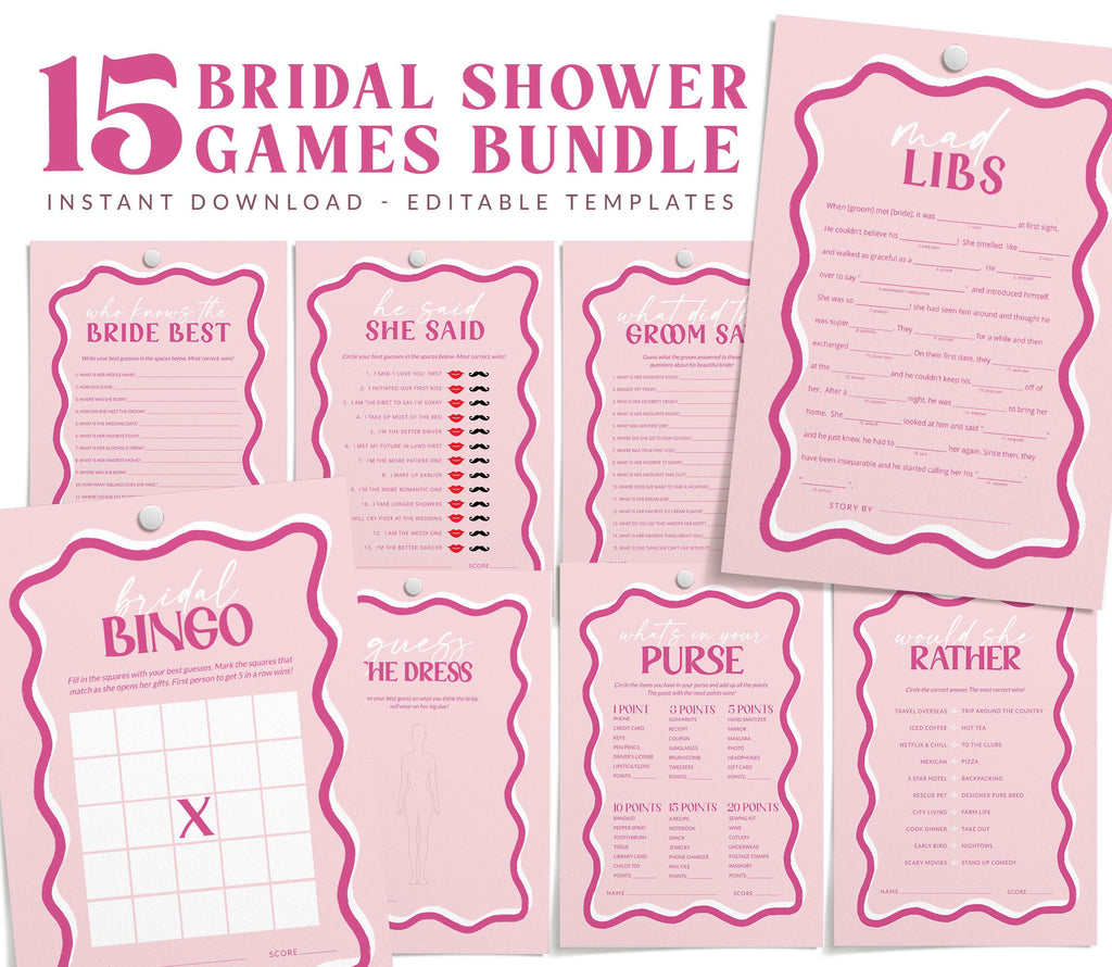 SONNY Pink Wave bridal shower games bundle template, Retro Pink White Border Bridal Shower game pack, Instant Download Editable Templett