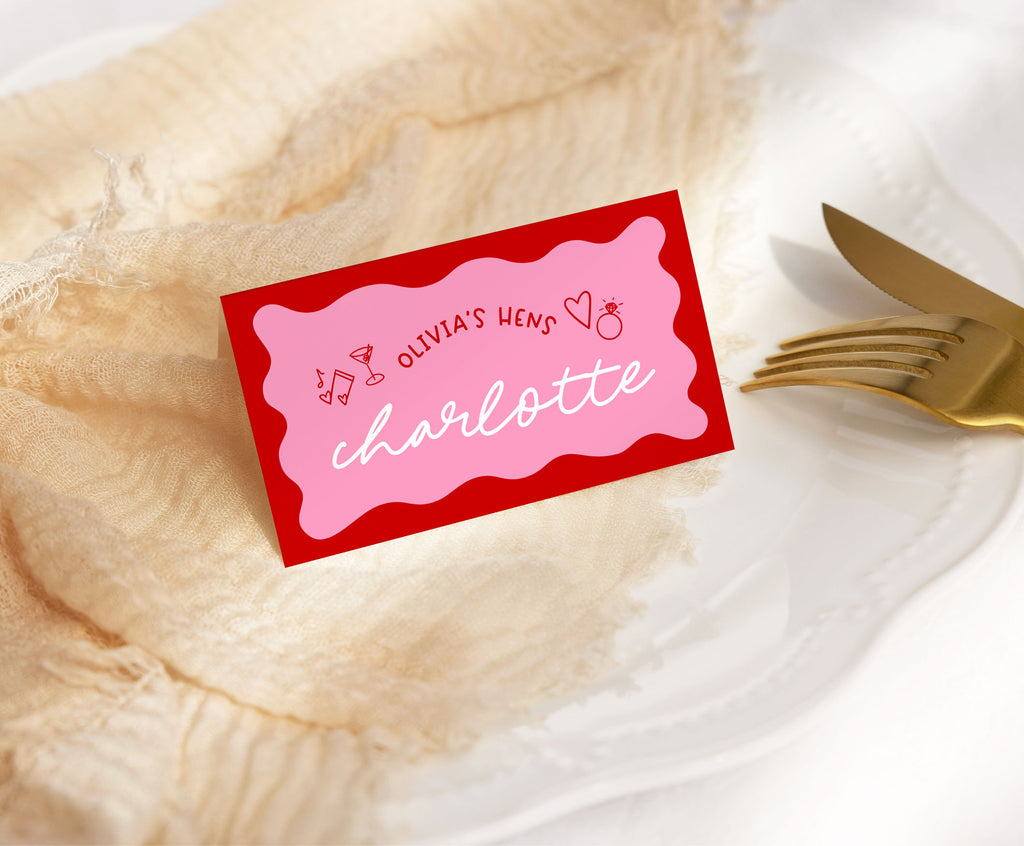 Jemma Pink Red Wavey Placecard .Bridal Hens Placecard .The Sundae Creative