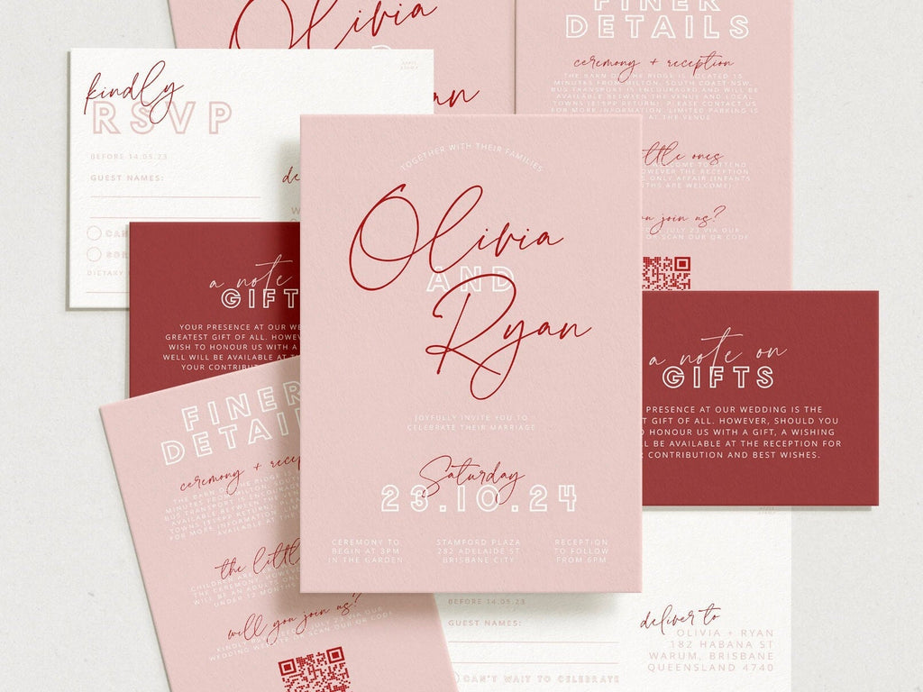 BRODY Pink Red Wedding Invitation Suite template, Printable invitation details rsvp, Instant Download Templett, editable invitation