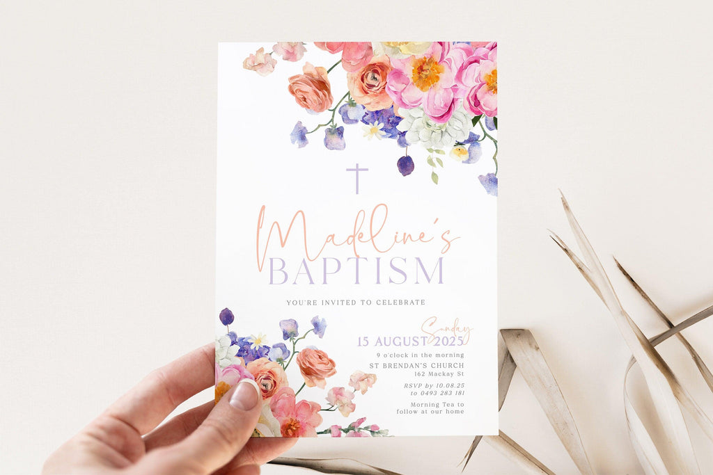 Digital SMS Floral Baptism Invitation - Ella - The Sundae Creative