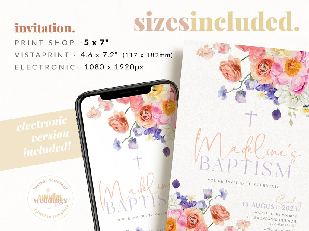 Digital SMS Floral Baptism Invitation - Ella - The Sundae Creative