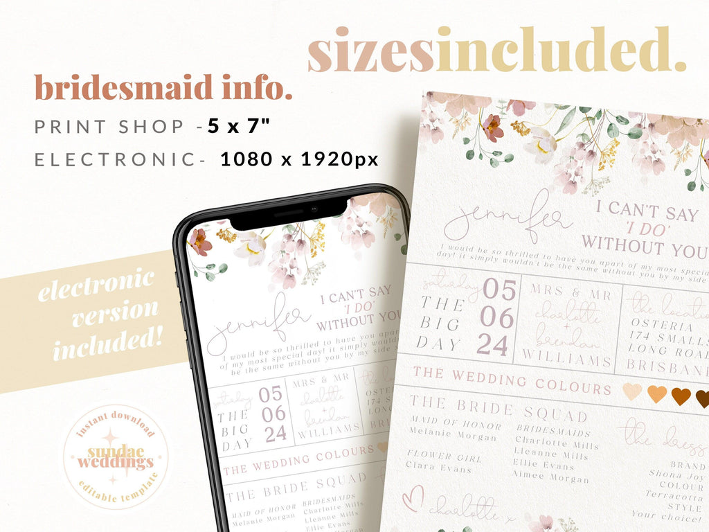 Bridesmaid Info Card Template - Ruby - The Sundae Creative