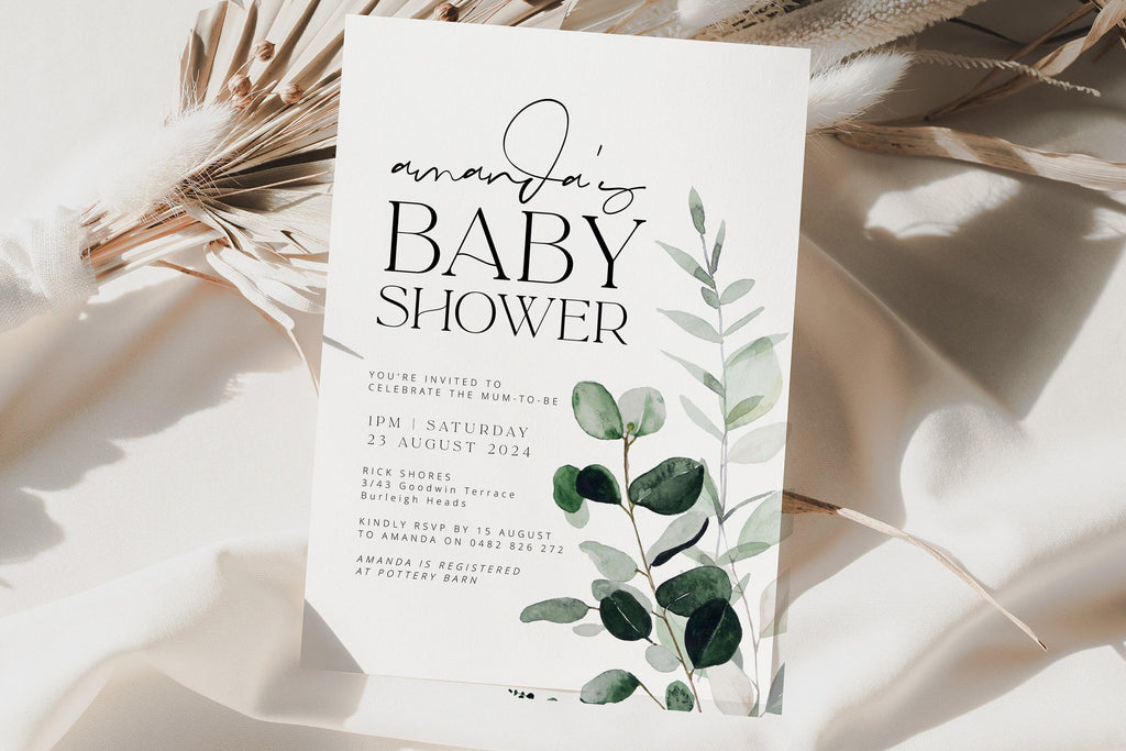 Greenery Baby Shower Invite Template - Beachmere - The Sundae Creative