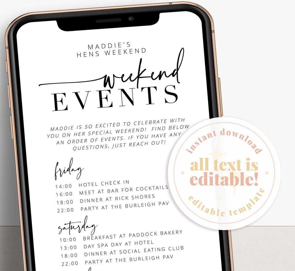 Digital Modern Hens Weekend Events - Bribie - The Sundae Creative