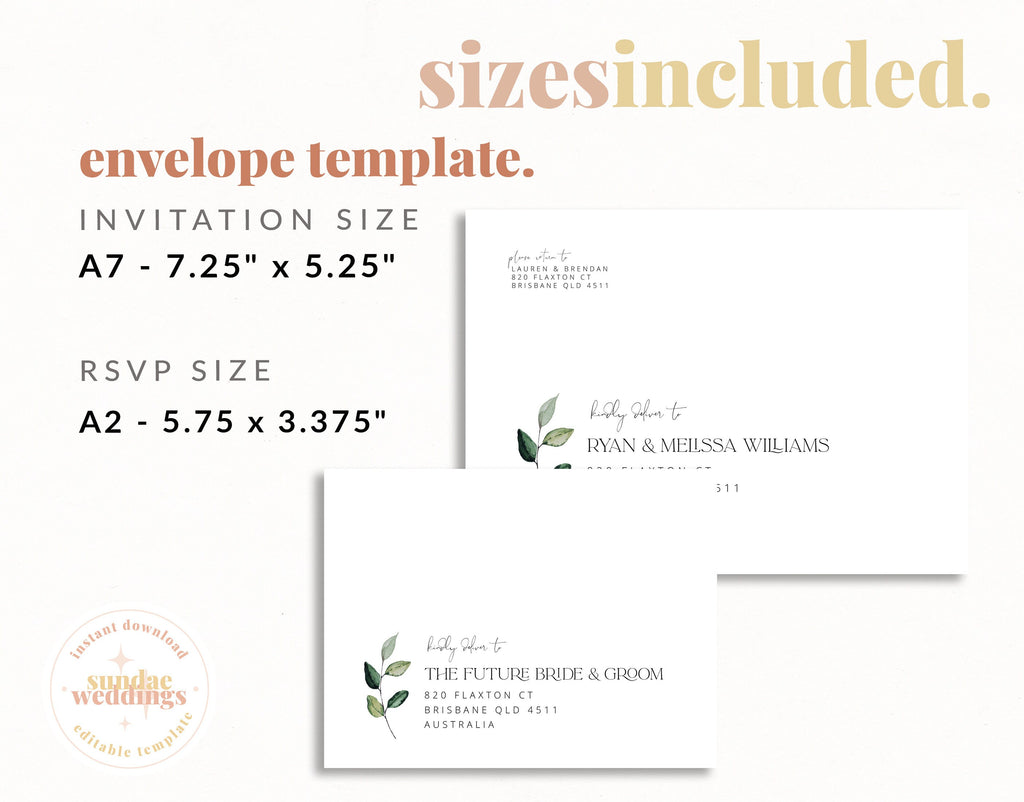 BEACHMERE Botanical Wedding Envelope Template, Printable DIY Leaves Envelope Reply, Instant Download Templett Digital