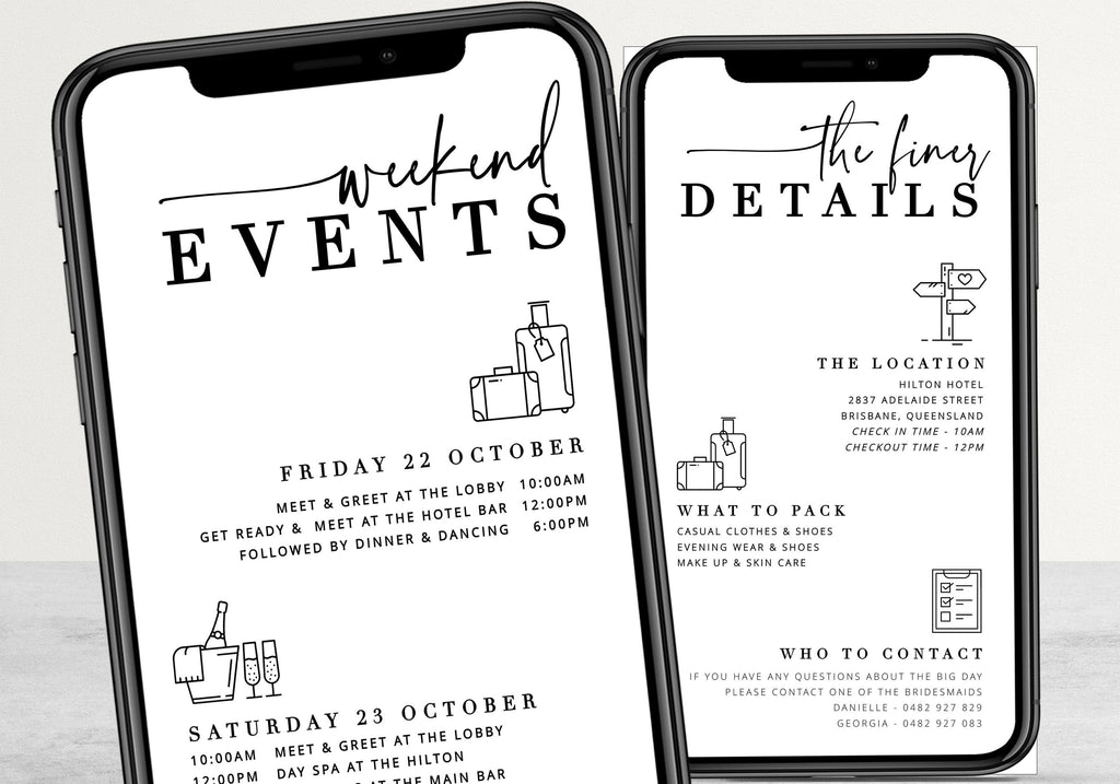 BRIBIE Electronic Bachelorette Weekend Events Itinerary, Modern Hens Party, Order of Events, TEMPLETT instant download