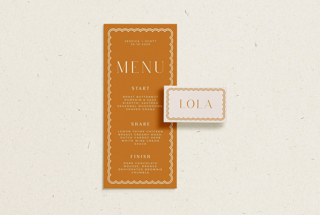 Bella Terracotta Wedding Menu + Placecard - The Sundae Creative