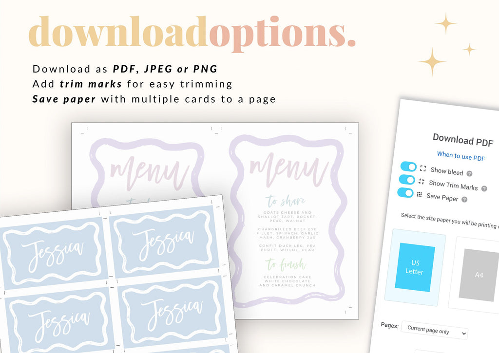 POLLY Wavey Menu Placecard Template, Instant Download Editable Menu Template, Hand Painted Colorful Bridal Shower, Wedding Menu, Templett