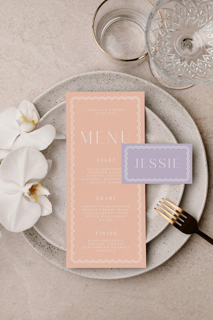 Bella Pastel Wedding Menu + Placecard - The Sundae Creative