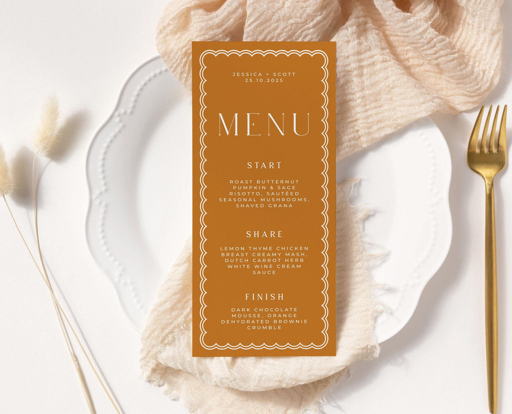 Bella Terracotta Wedding Menu + Placecard - The Sundae Creative