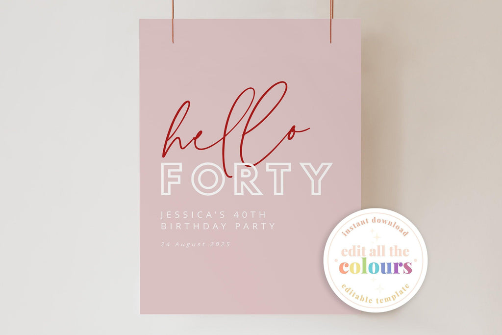 Pink Hello Forty Birthday Welcome Sign Template, Modern Pink welcome sign 40th birthday sign download, Instant Download Editable Templett - The Sundae Creative