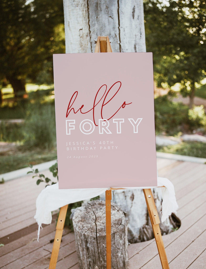 Pink Hello Forty Birthday Welcome Sign Template, Modern Pink welcome sign 40th birthday sign download, Instant Download Editable Templett - The Sundae Creative
