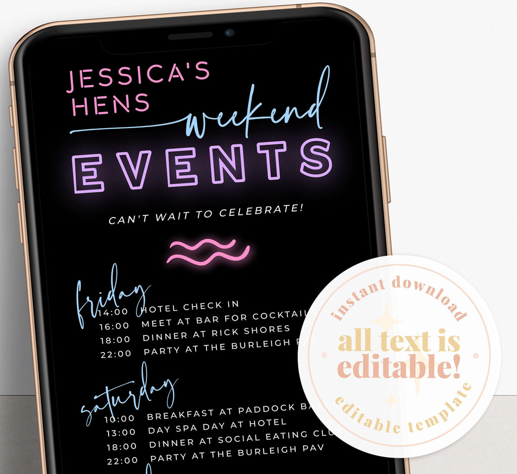 Digital Retro Hens Weekend Events - Neon - The Sundae Creative