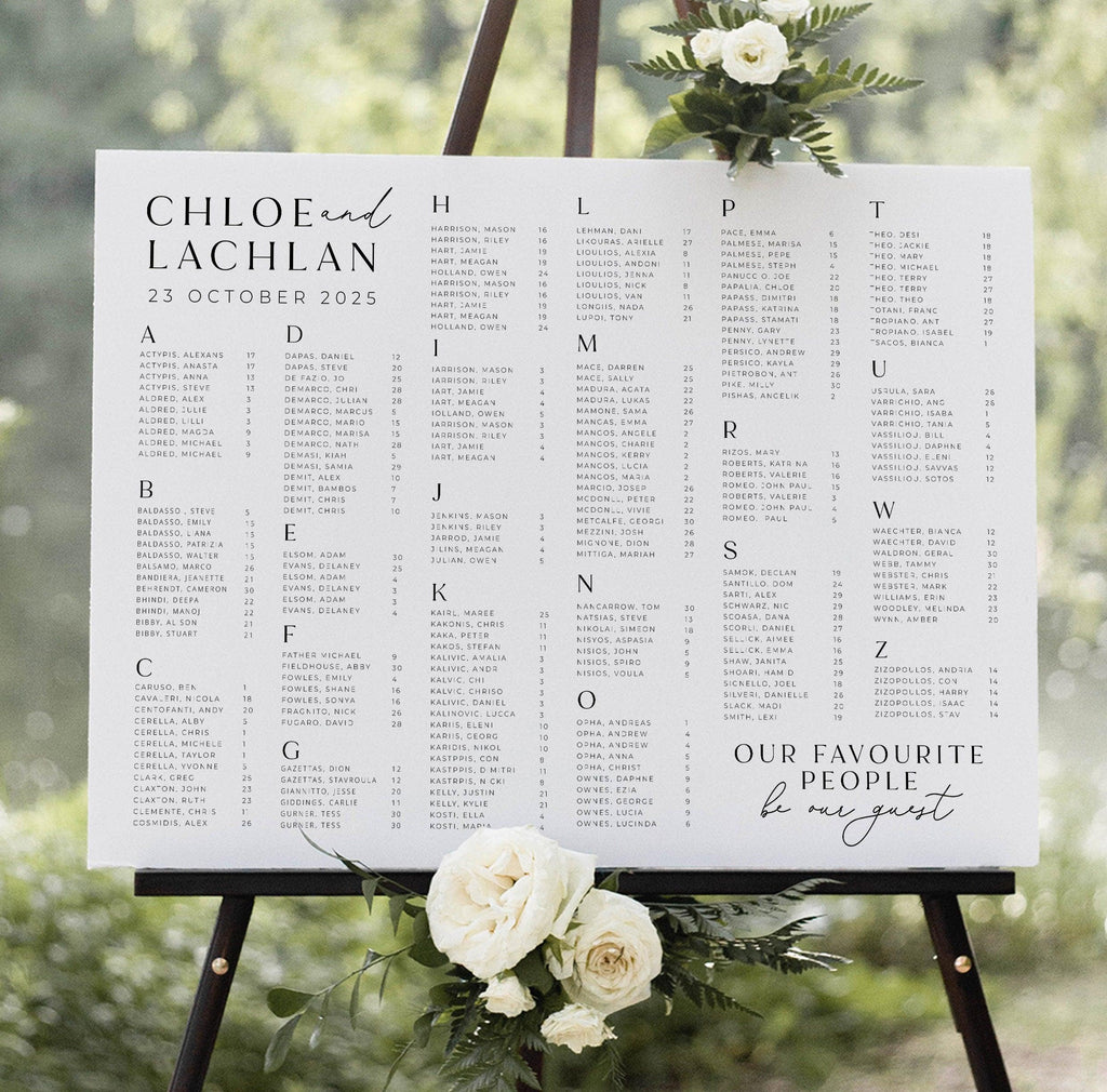 Emerson Alphabetical Seating Chart .Wedding Seating Plan .The Sundae Creative