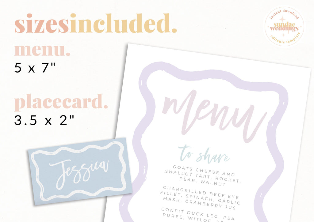POLLY Wavey Menu Placecard Template, Instant Download Editable Menu Template, Hand Painted Colorful Bridal Shower, Wedding Menu, Templett
