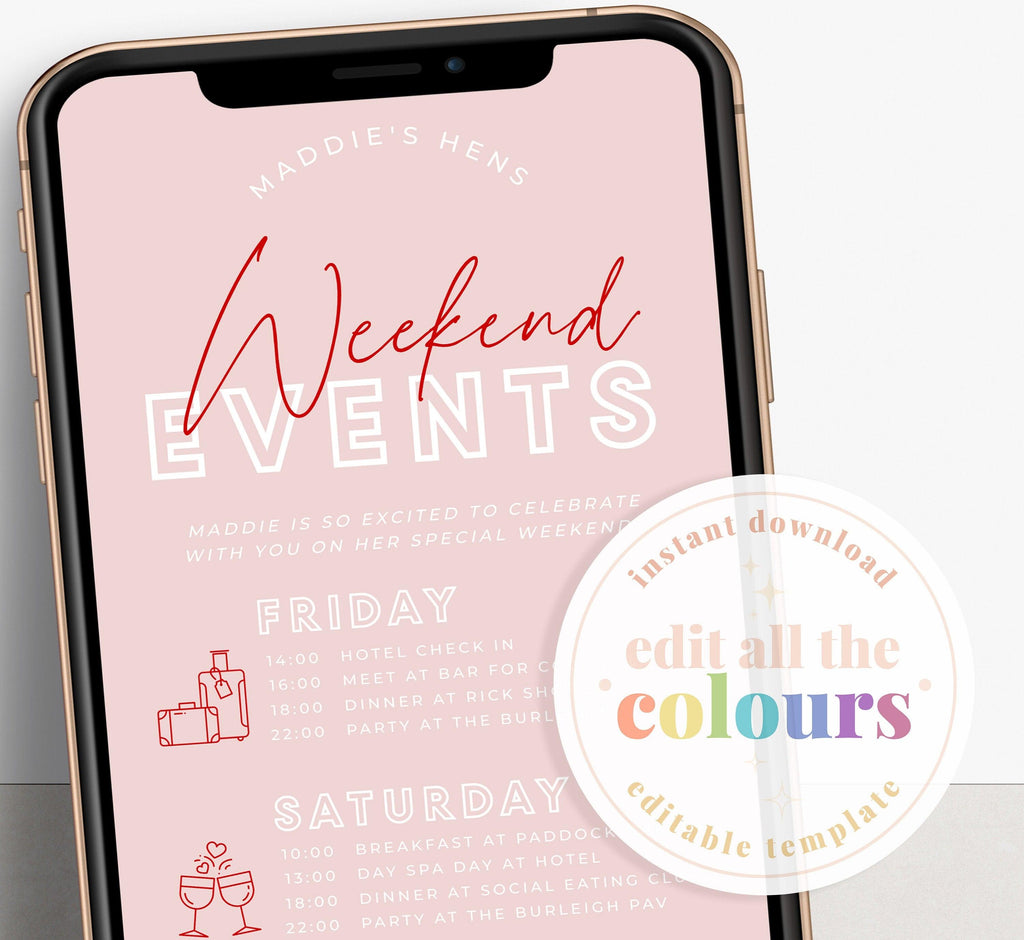 Pink Red Hens Weekend Itinerary Template - Brody - The Sundae Creative