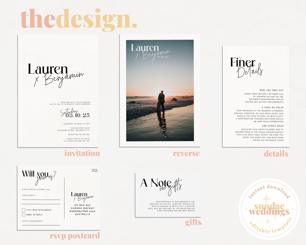 MIRAGE Modern Typography Wedding Invitation Suite Template, Printable Minimalist black Invite, Instant Download Templett