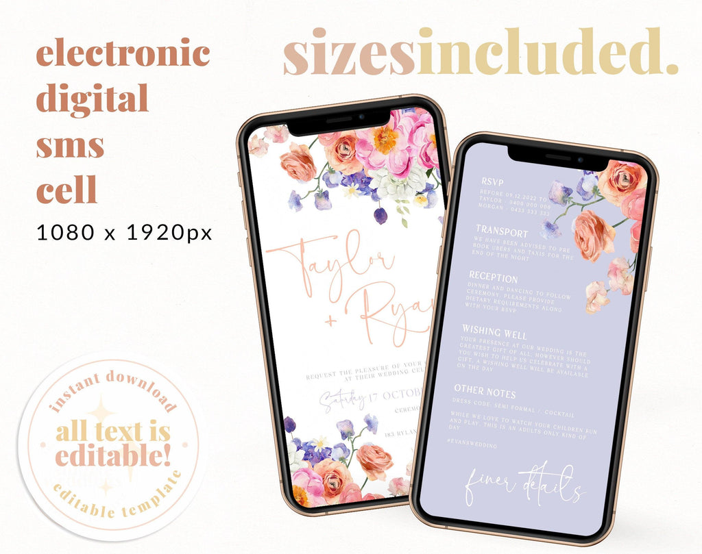 Ella Digital Floral Wedding Invitation .Wedding Invitation .The Sundae Creative