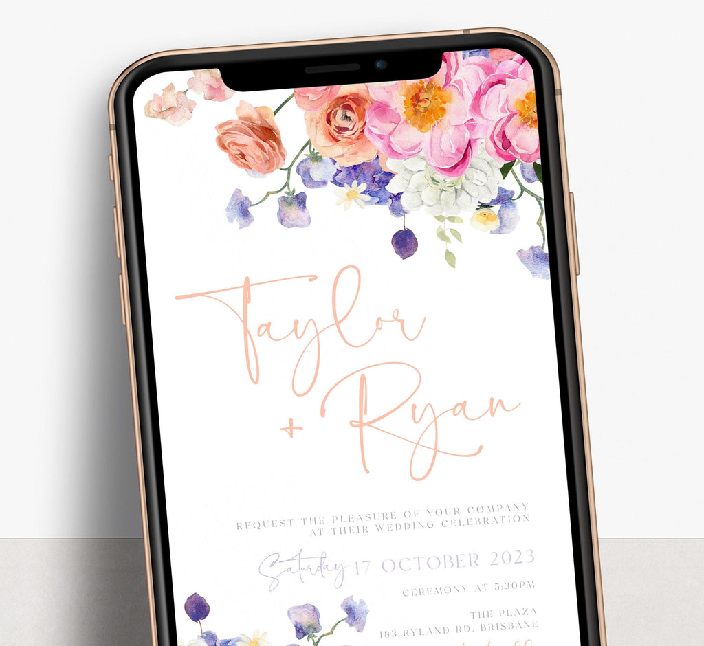 Ella Digital Floral Wedding Invitation .Wedding Invitation .The Sundae Creative