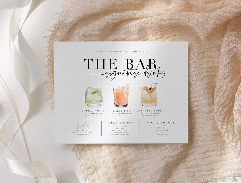 BRIBIE Minimal Wedding Bar Signature Drinks Menu - The Sundae Creative