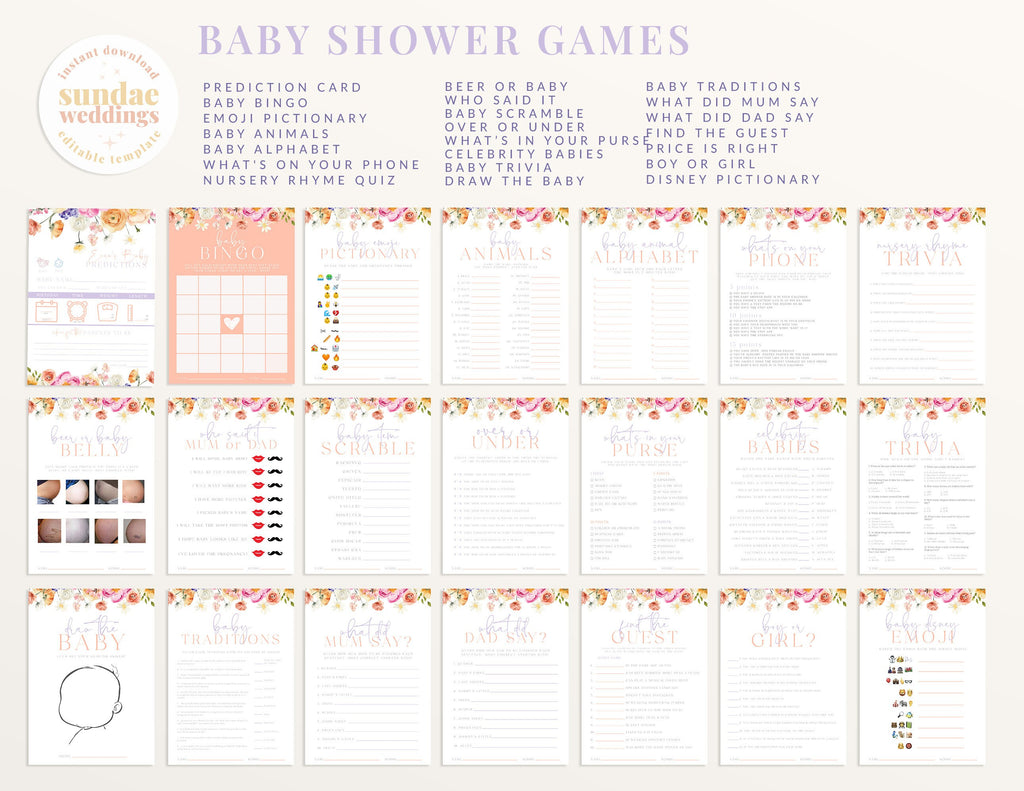 ELLA Spring Garden Baby Shower Games Template Bundle, Floral baby shower games bundle kit, Editable Templett Instant Download