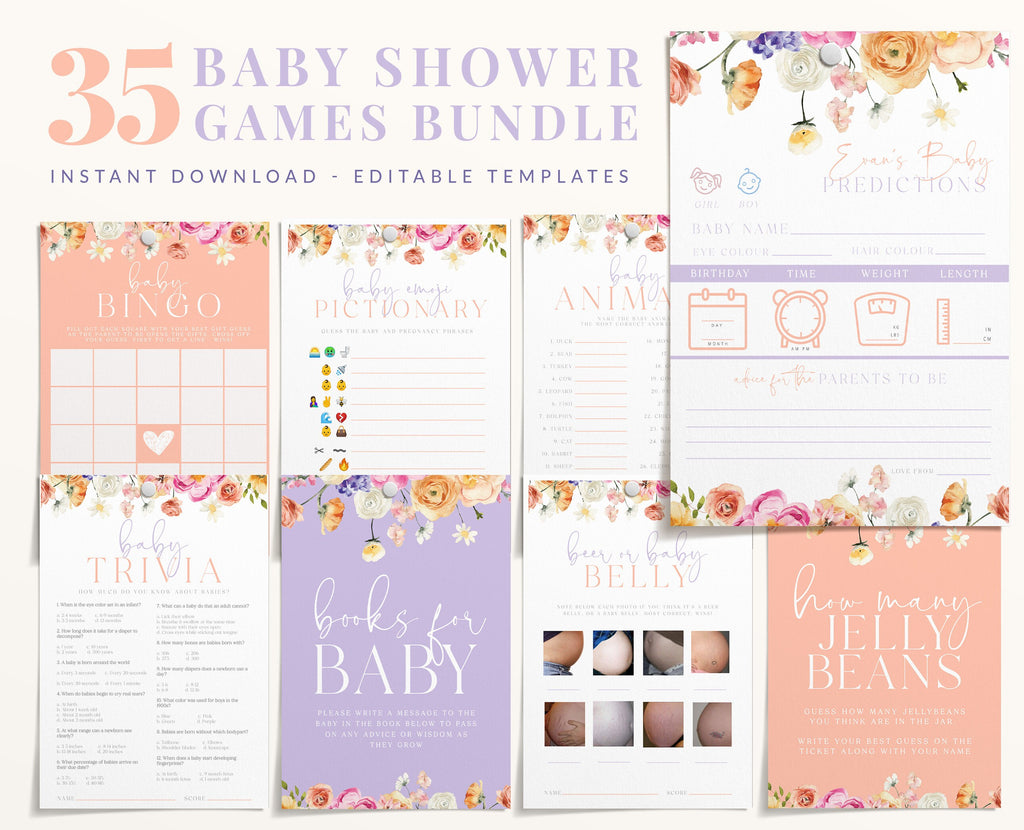 ELLA Spring Garden Baby Shower Games Template Bundle, Floral baby shower games bundle kit, Editable Templett Instant Download