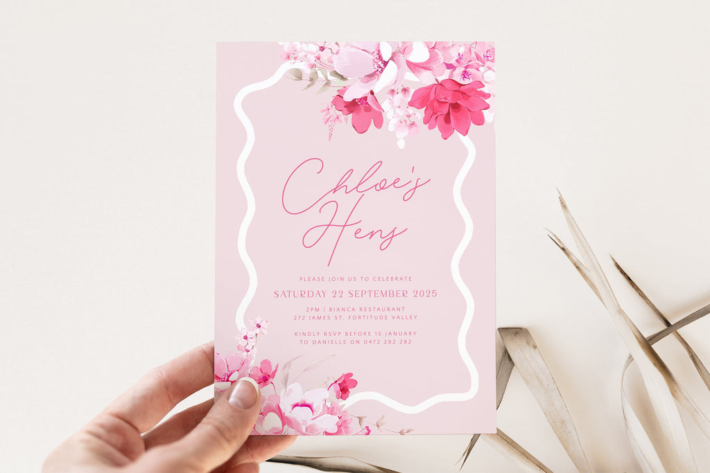 KEIRA Pink Floral Wavey Hens Party Invite, Pink Hen Weekend Shower, Printable Invitation template, Instant Download Editable Templett