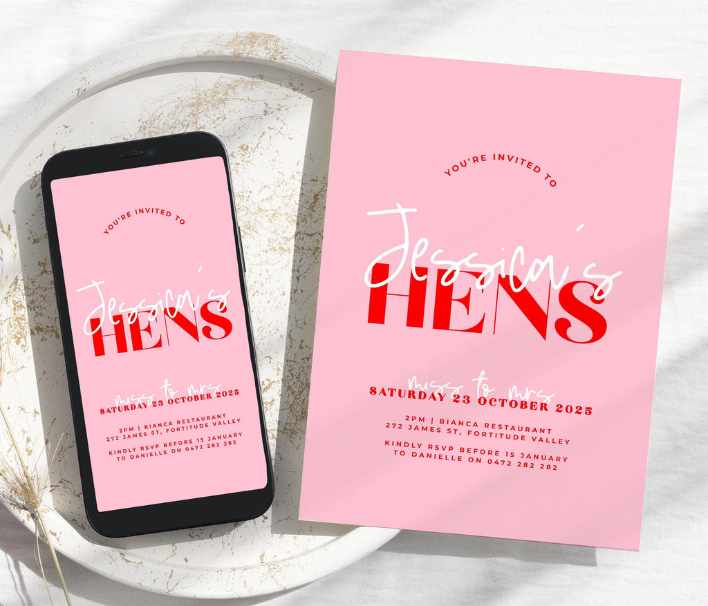 Pink Red Digital SMS Hens Invitation Template - The Sundae Creative