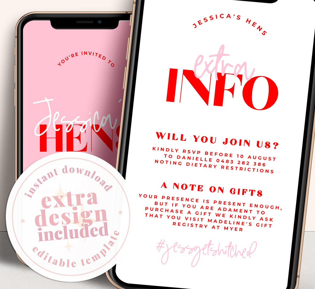 Pink Red Digital SMS Hens Invitation Template - The Sundae Creative
