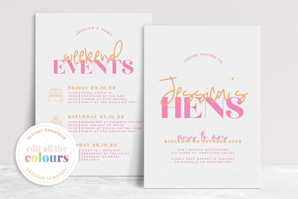 Pink Orange Hens Party Events Invitation - Lana - The Sundae Creative