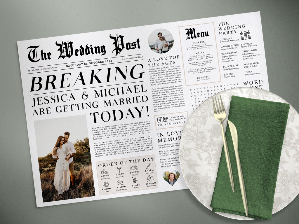 Newspaper Wedding Menu Placemat, Fun Printable Wedding Menu Template, DIY Wedding Timeline Program Template, Wedding Program Templett