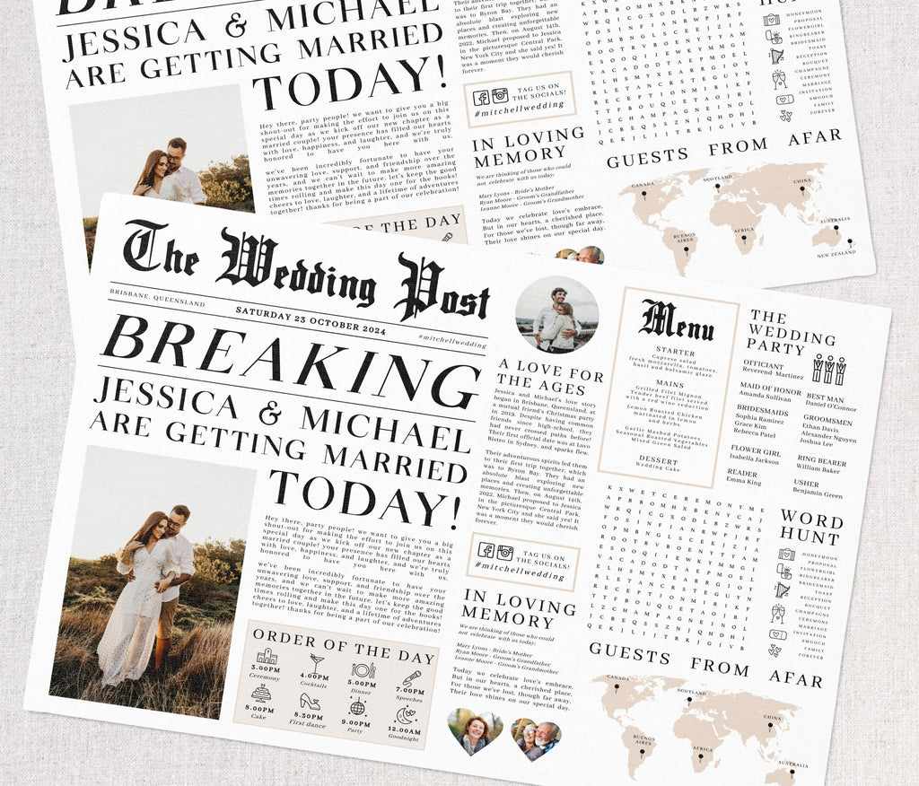 Newspaper Wedding Menu Placemat, Fun Printable Wedding Menu Template, DIY Wedding Timeline Program Template, Wedding Program Templett