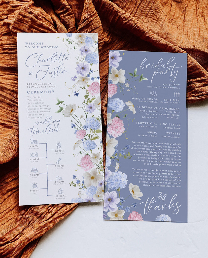 MAE Blue Floral Wedding Program Template, wedding program, Garden Wedding Ceremony Program, Printable, Editable, Templett INSTANT Download