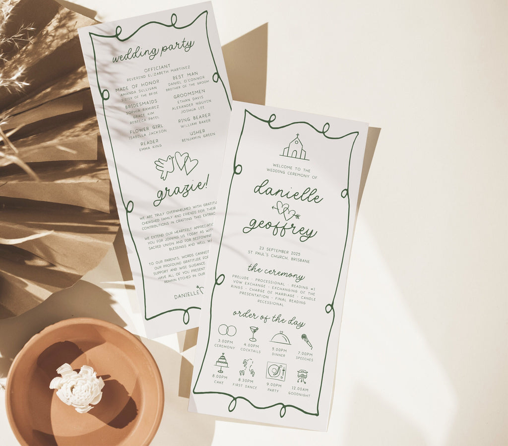 POET Wave Green Wedding Program Template, Monogram & Border, Wedding Ceremony Program, Printable, Editable, Templett INSTANT Download